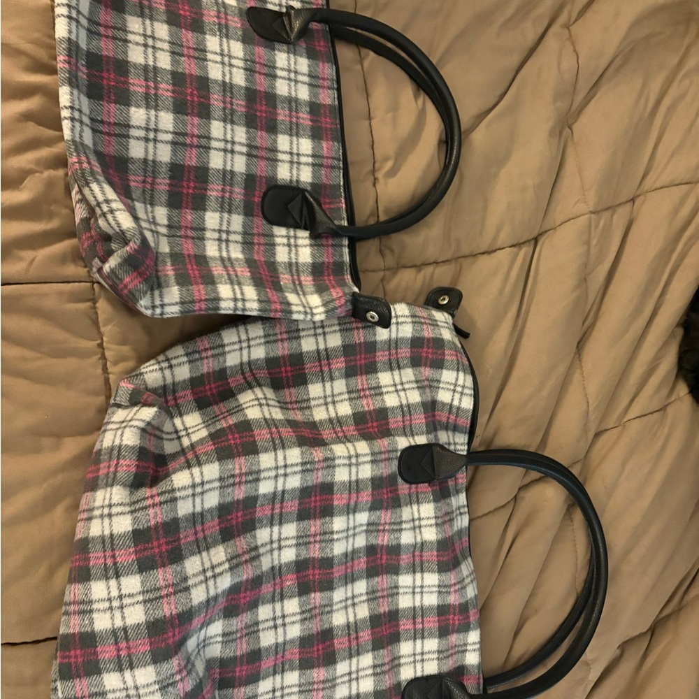DSW Plaid Tote in Pink, Gray & White with Black Handles